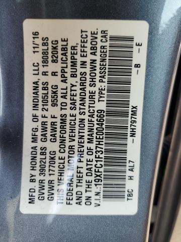 19XFC1F37HE004669 - 2017 HONDA CIVIC EX Gümüş fotoğraf 12