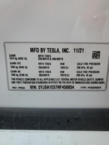 5YJSA1E57NF458854 - 2022 TESLA MODEL S Ağ foto 12