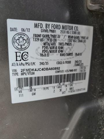 2FMDK4JC4DBA60892 - 2013 FORD EDGE SEL GRAY photo 12