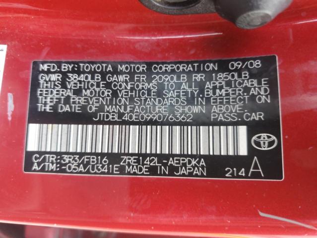 JTDBL40E099076362 - 2009 TOYOTA COROLLA BASE ბურგუნდია ფოტო 12