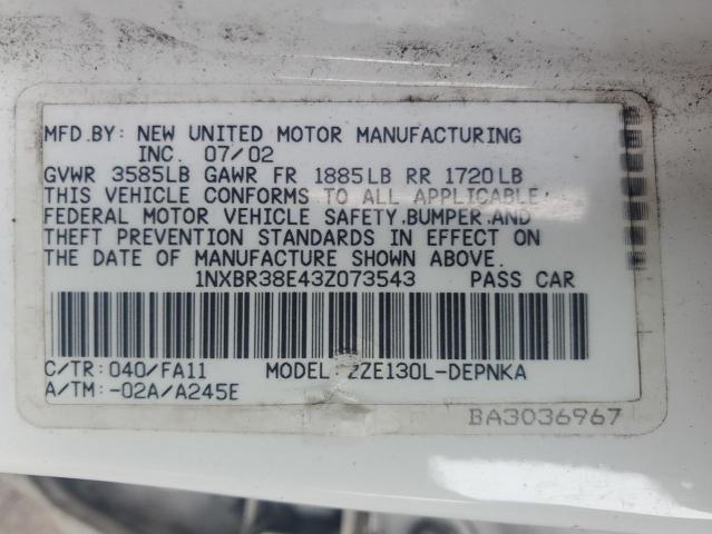 1NXBR38E43Z073543 - 2003 TOYOTA COROLLA CE Սպիտակ լուսանկար 12