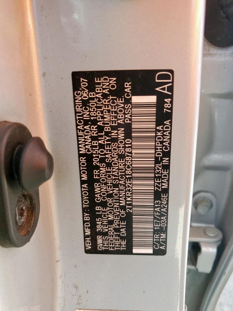 2T1KR32E18C687810 - 2008 TOYOTA COROLLA MA XR GRAY photo 12