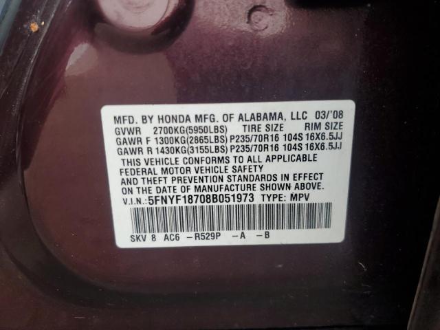 5FNYF18708B051973 - 2008 HONDA PILOT EXL BURGUNDY photo 13
