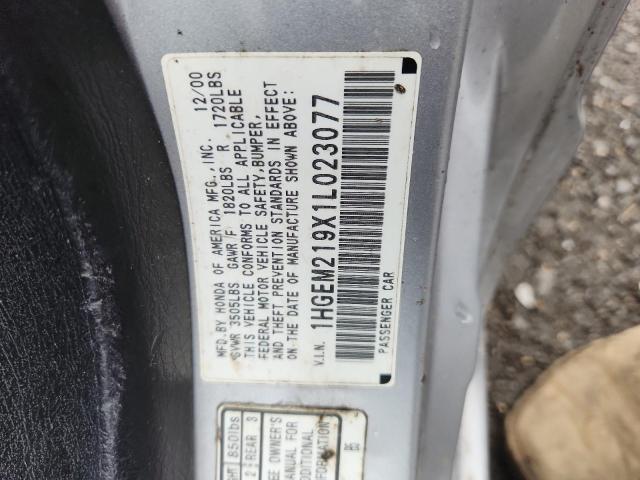 1HGEM219X1L023077 - 2001 HONDA CIVIC SI Արծաթագույն լուսանկար 12