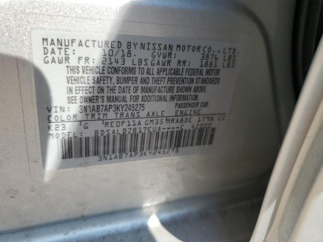 3N1AB7AP3KY245275 - 2019 NISSAN SENTRA S SILVER photo 13