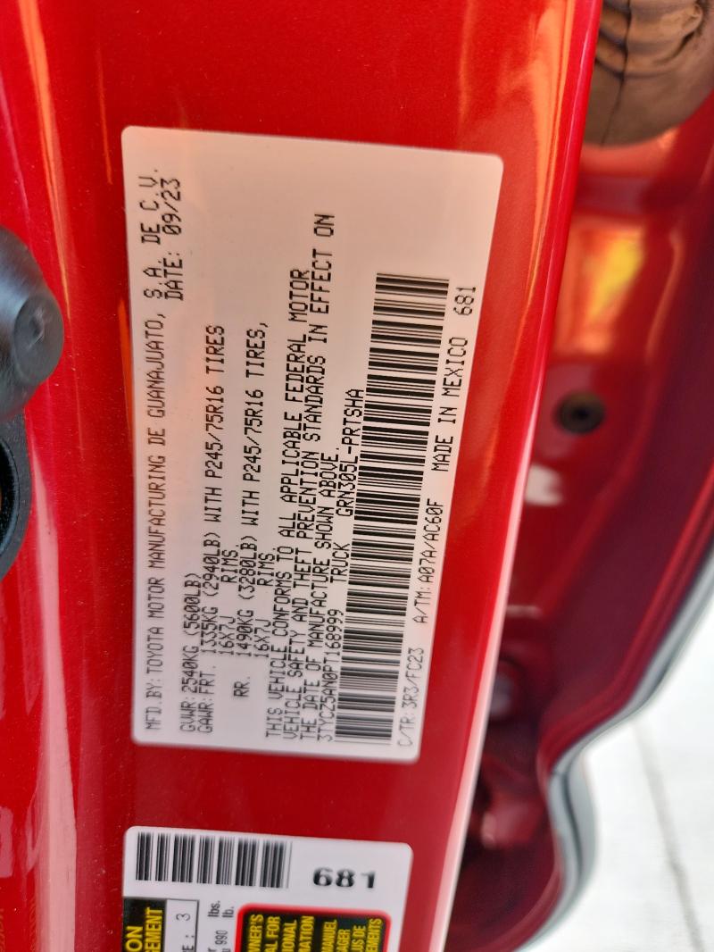 3TYCZ5AN0PT168999 - 2023 TOYOTA TACOMA DOUBLE CAB წითელი ფოტო 12