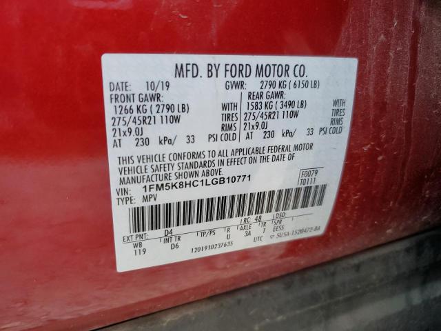 1FM5K8HC1LGB10771 - 2020 FORD EXPLORER PLATINUM RED photo 14