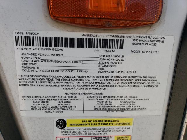 4YDF35725M1532976 - 2021 KEYSTONE TRAILER WHITE photo 10