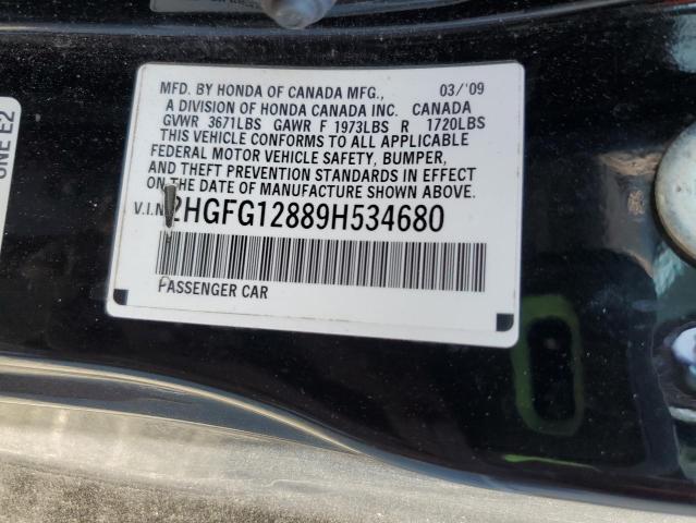 2HGFG12889H534680 - 2009 HONDA CIVIC EX BLACK photo 12