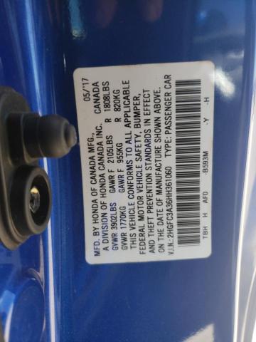 2HGFC3A36HH361060 - 2017 HONDA CIVIC EX BLUE photo 12