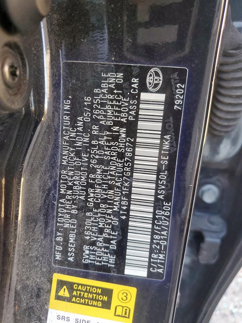 4T4BF1FK7GR578672 - 2016 TOYOTA CAMRY LE 黑色 照片 12