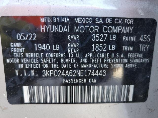 3KPC24A62NE174443 - 2022 HYUNDAI ACCENT SE SILVER photo 12