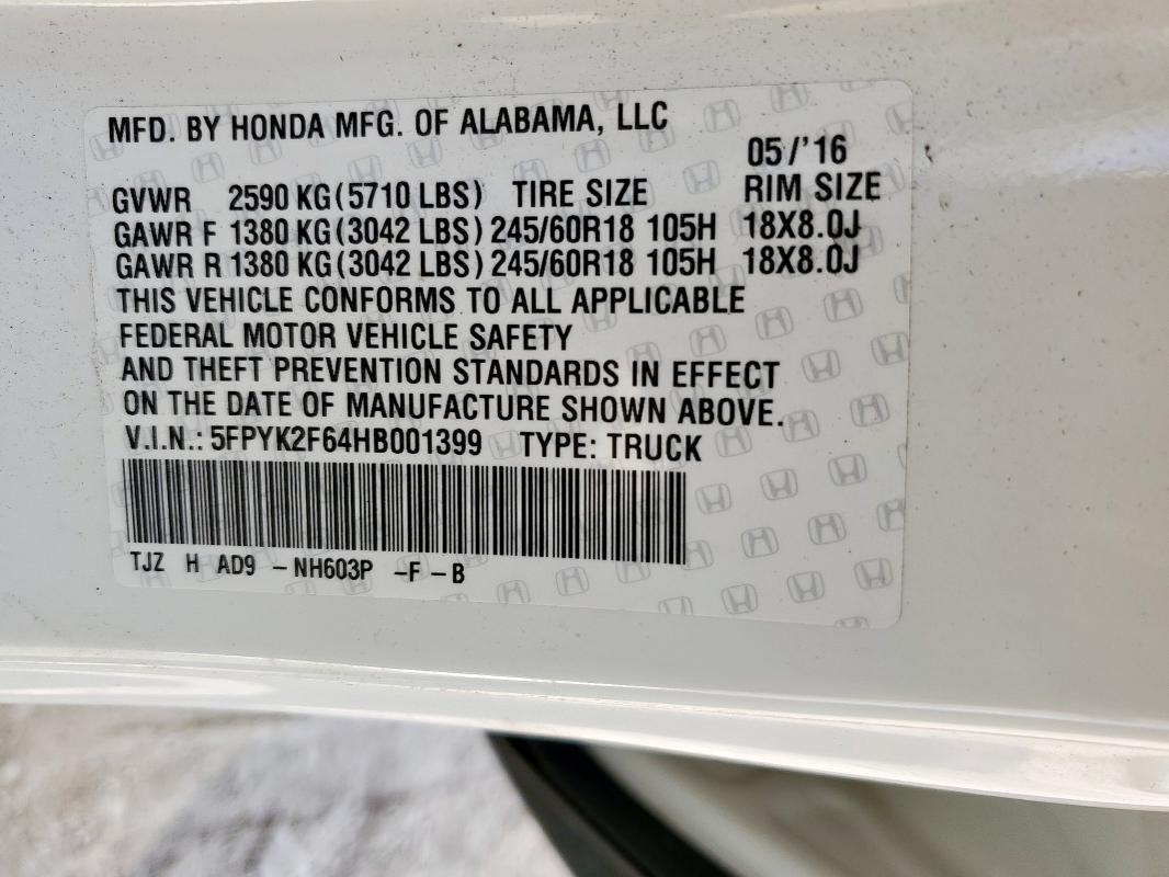 5FPYK2F64HB001399 - 2017 HONDA RIDGELINE RTL WHITE photo 13