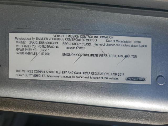 3AKJGLDR5HSHU3824 - 2017 FREIGHTLINER CASCADIA 1 Մոխրագույն լուսանկար 10
