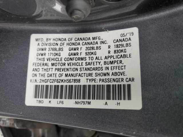 2HGFC2F62KH567898 - 2019 HONDA CIVIC LX Сұр фото 13