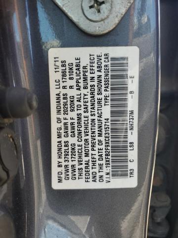 19XFB2F9XCE315714 - 2012 HONDA CIVIC EXL Gris photo 12