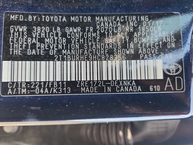 2T1BURHE9HC828356 - 2017 TOYOTA COROLLA L BLUE photo 12