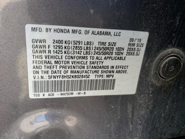 5FNYF8H52KB028452 - 2019 HONDA PASSPORT EXL Сірий фото 13