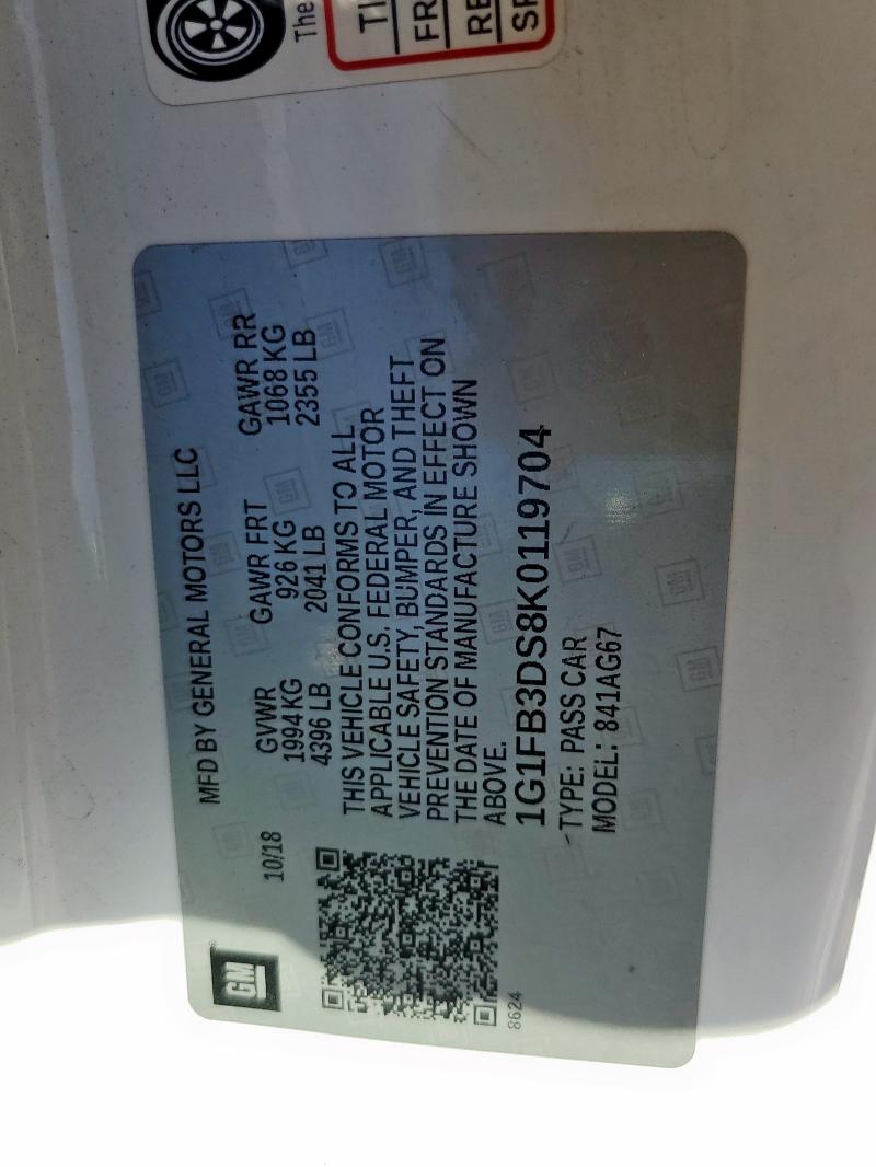 1G1FB3DS8K0119704 - 2019 CHEVROLET CAMARO LS WHITE photo 12