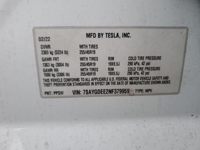 7SAYGDEE2NF379959 - 2022 TESLA MODEL Y თეთრი ფოტო 13