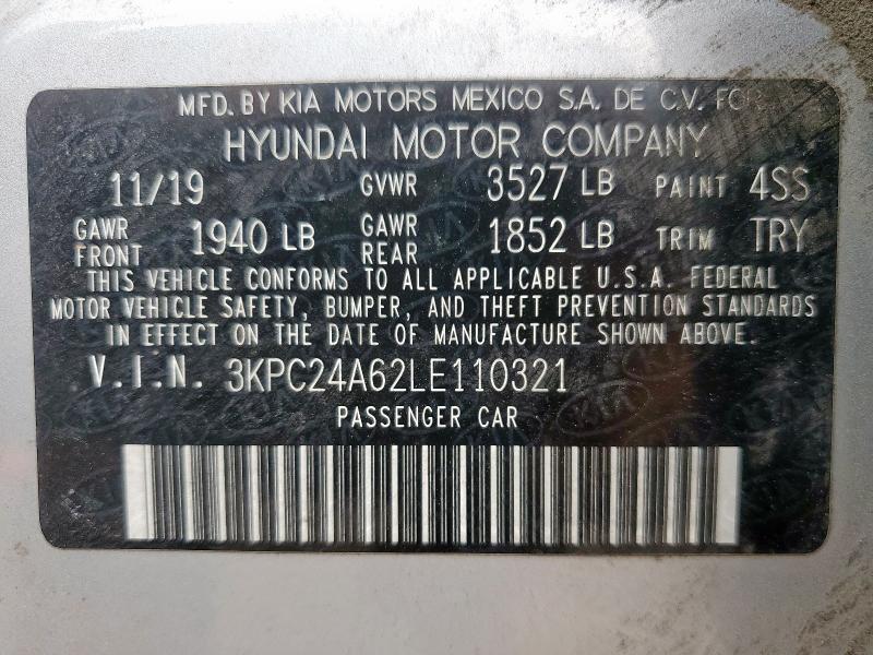 3KPC24A62LE110321 - 2020 HYUNDAI ACCENT SE SILVER photo 12