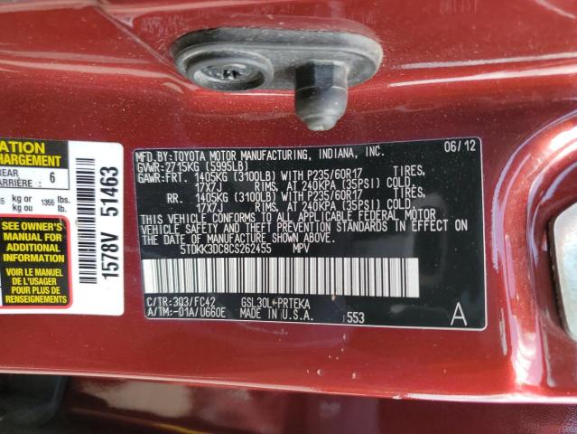 5TDKK3DC8CS262455 - 2012 TOYOTA SIENNA LE RED photo 12