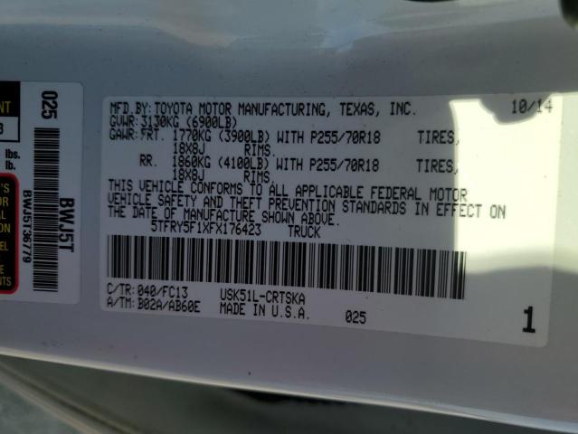 5TFRY5F1XFX176423 - 2015 TOYOTA TUNDRA DOUBLE CAB SR/SR5 WHITE photo 13