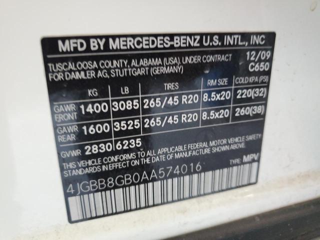 4JGBB8GB0AA574016 - 2010 MERCEDES-BENZ ML 350 4MATIC WHITE photo 13