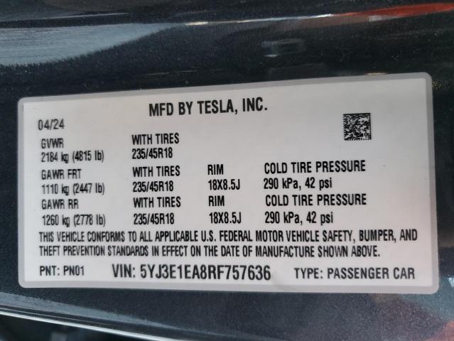 5YJ3E1EA8RF757636 - 2024 TESLA MODEL 3 GRAY photo 12