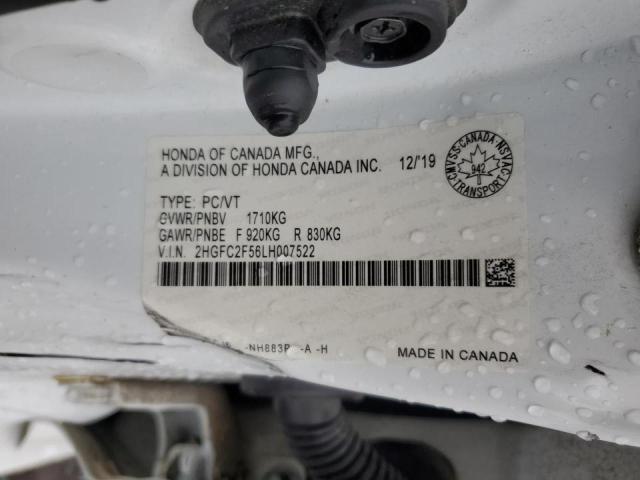 2HGFC2F56LH007522 - 2020 HONDA CIVIC LX WHITE photo 12