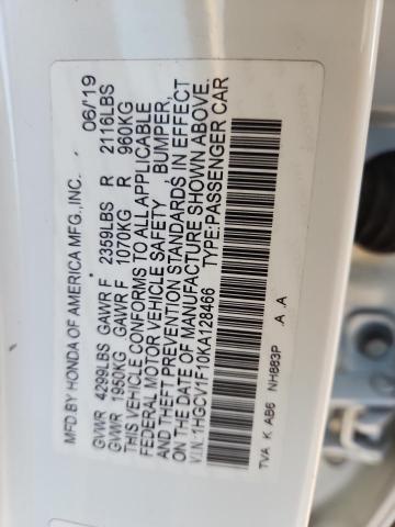1HGCV1F10KA128466 - 2019 HONDA ACCORD LX WHITE photo 13
