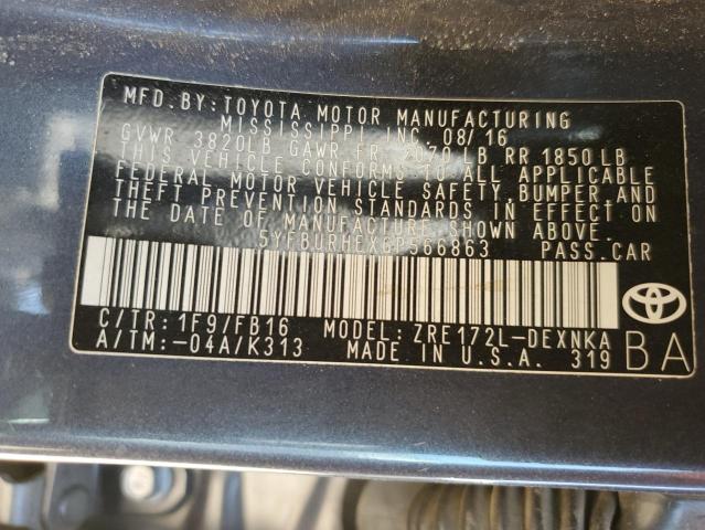 5YFBURHEXGP566863 - 2016 TOYOTA COROLLA L Сірий фото 12