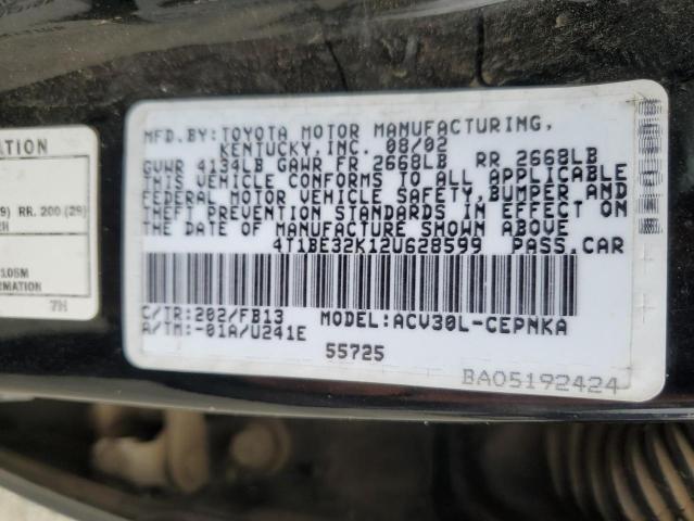 4T1BE32K12U628599 - 2002 TOYOTA CAMRY LE BLACK photo 12