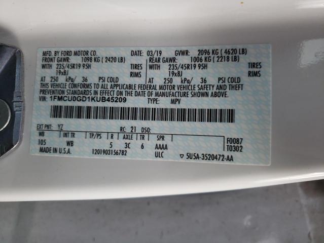 1FMCU0GD1KUB45209 - 2019 FORD ESCAPE SE Ақ фото 13