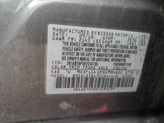 3N1AB7AP2KY234199 - 2019 NISSAN SENTRA S GRAY photo 12