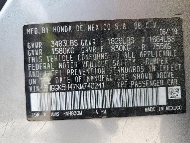 3HGGK5H47KM740241 - 2019 HONDA FIT LX SILVER photo 12