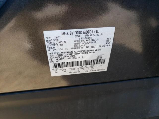 1FM5K7D89HGE27118 - 2017 FORD EXPLORER XLT GRAY photo 13