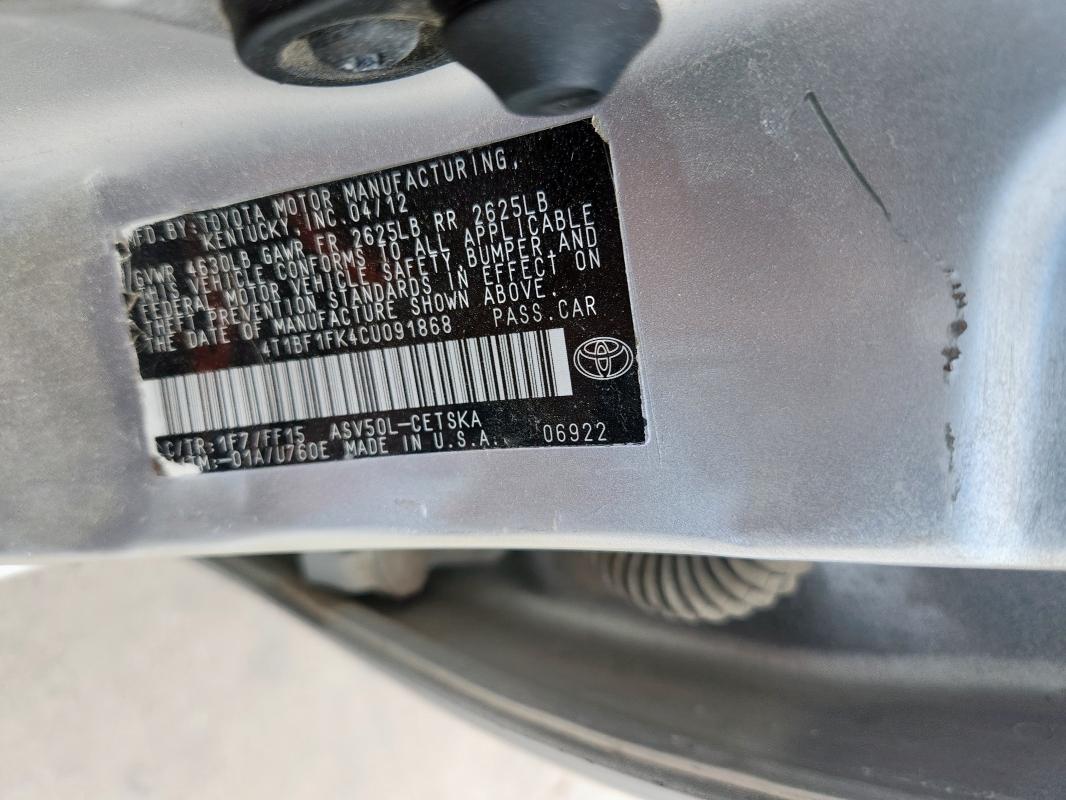 4T1BF1FK4CU091868 - 2012 TOYOTA CAMRY BASE WHITE photo 12