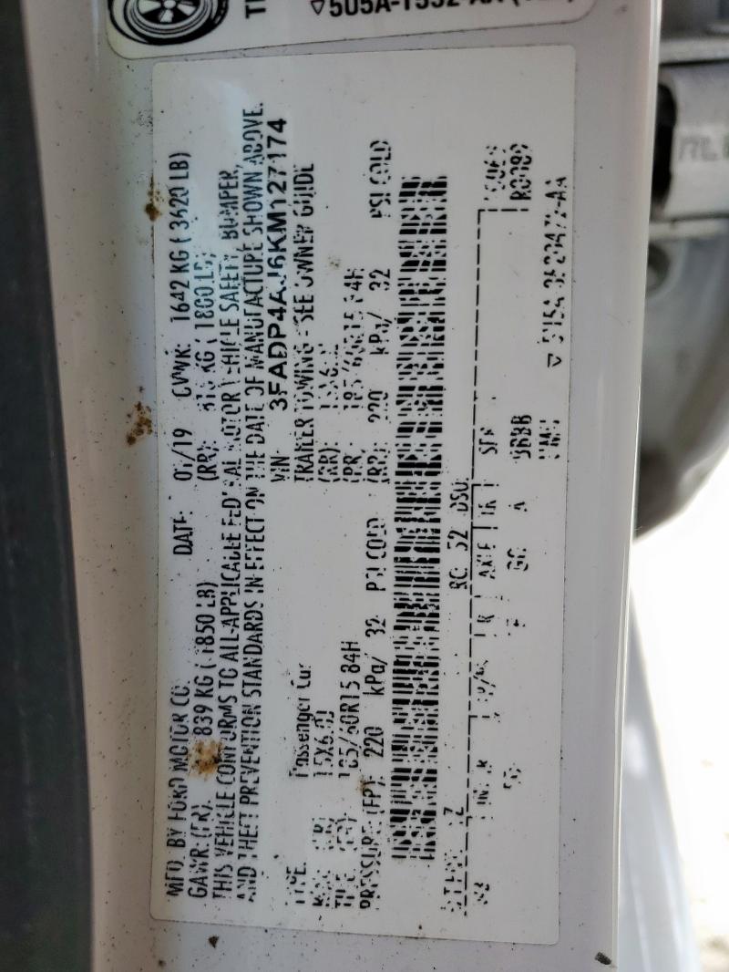 3FADP4AJ6KM127174 - 2019 FORD FIESTA S WHITE photo 12