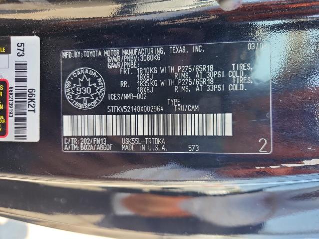 5TFKV52148X002964 - 2008 TOYOTA TUNDRA BLACK photo 13