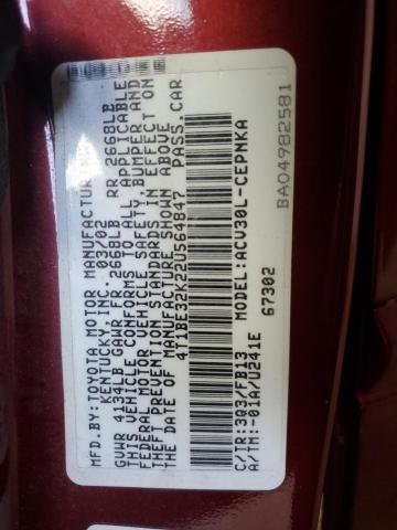 4T1BE32K22U564847 - 2002 TOYOTA CAMRY LE BURGUNDY photo 12