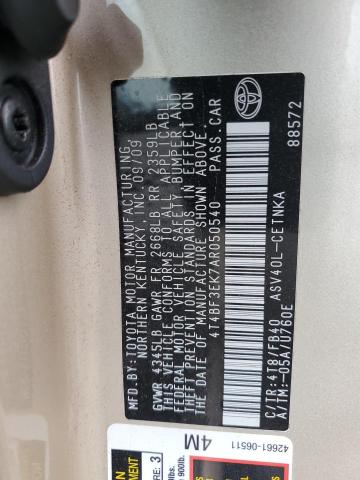 4T4BF3EK7AR050540 - 2010 TOYOTA CAMRY BASE GOLD photo 12