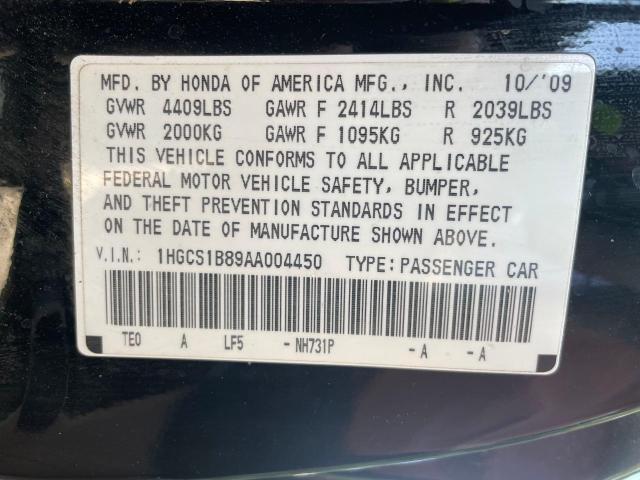 1HGCS1B89AA004450 - 2010 HONDA ACCORD EXL BLACK photo 10