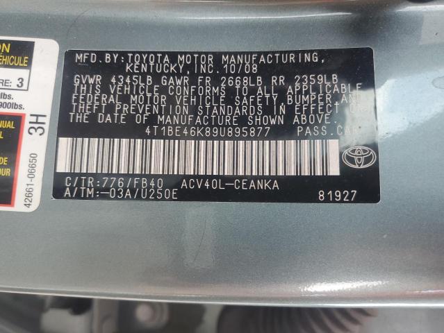 4T1BE46K89U895877 - 2009 TOYOTA CAMRY BASE BLUE photo 12