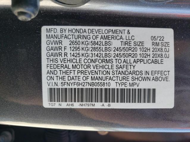 5FNYF6H27NB055810 - 2022 HONDA PILOT SE SILVER photo 14