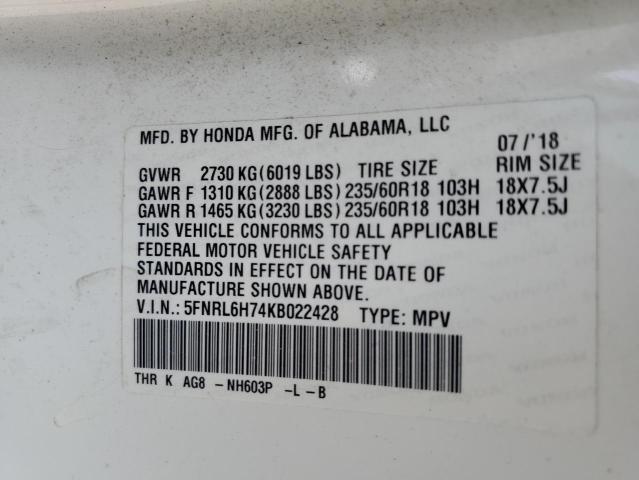 5FNRL6H74KB022428 - 2019 HONDA ODYSSEY EXL 白色 照片 13