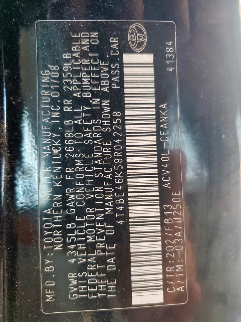 4T4BE46K58R042258 - 2008 TOYOTA CAMRY CE 黑色 照片 14