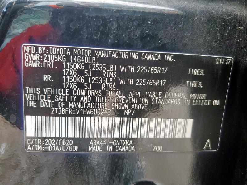 2T3BFREV1HW600243 - 2017 TOYOTA RAV4 LE BLACK photo 14