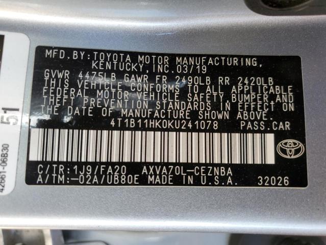 4T1B11HK0KU241078 - 2019 TOYOTA CAMRY L SILVER photo 12