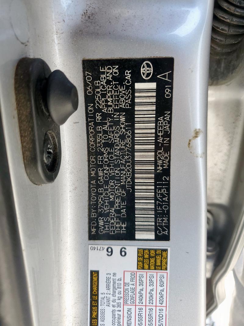 JTDKB20U377680611 - 2007 TOYOTA PRIUS SILVER photo 12
